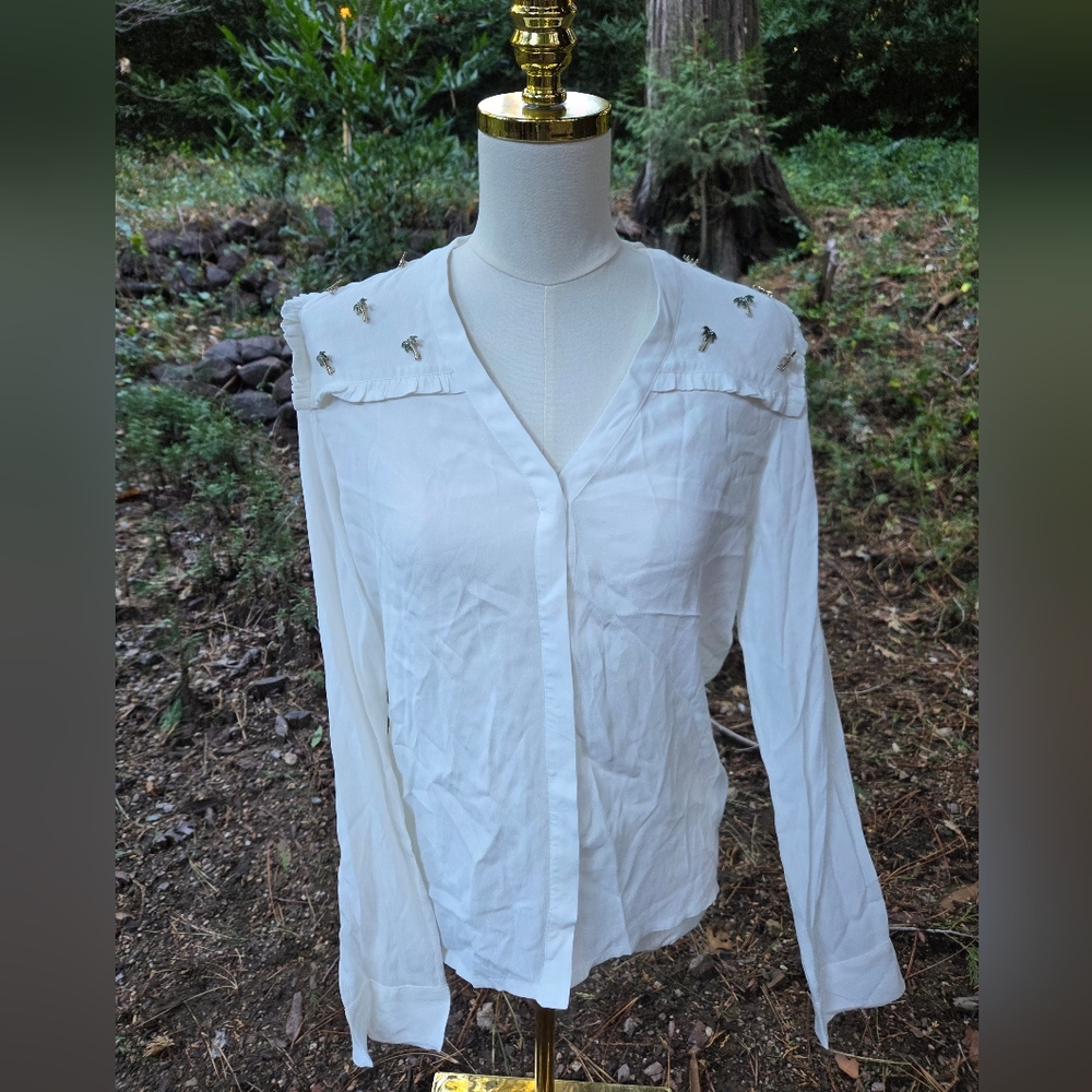 Maje White Button Down Shirt with Palm Tree Embellishments